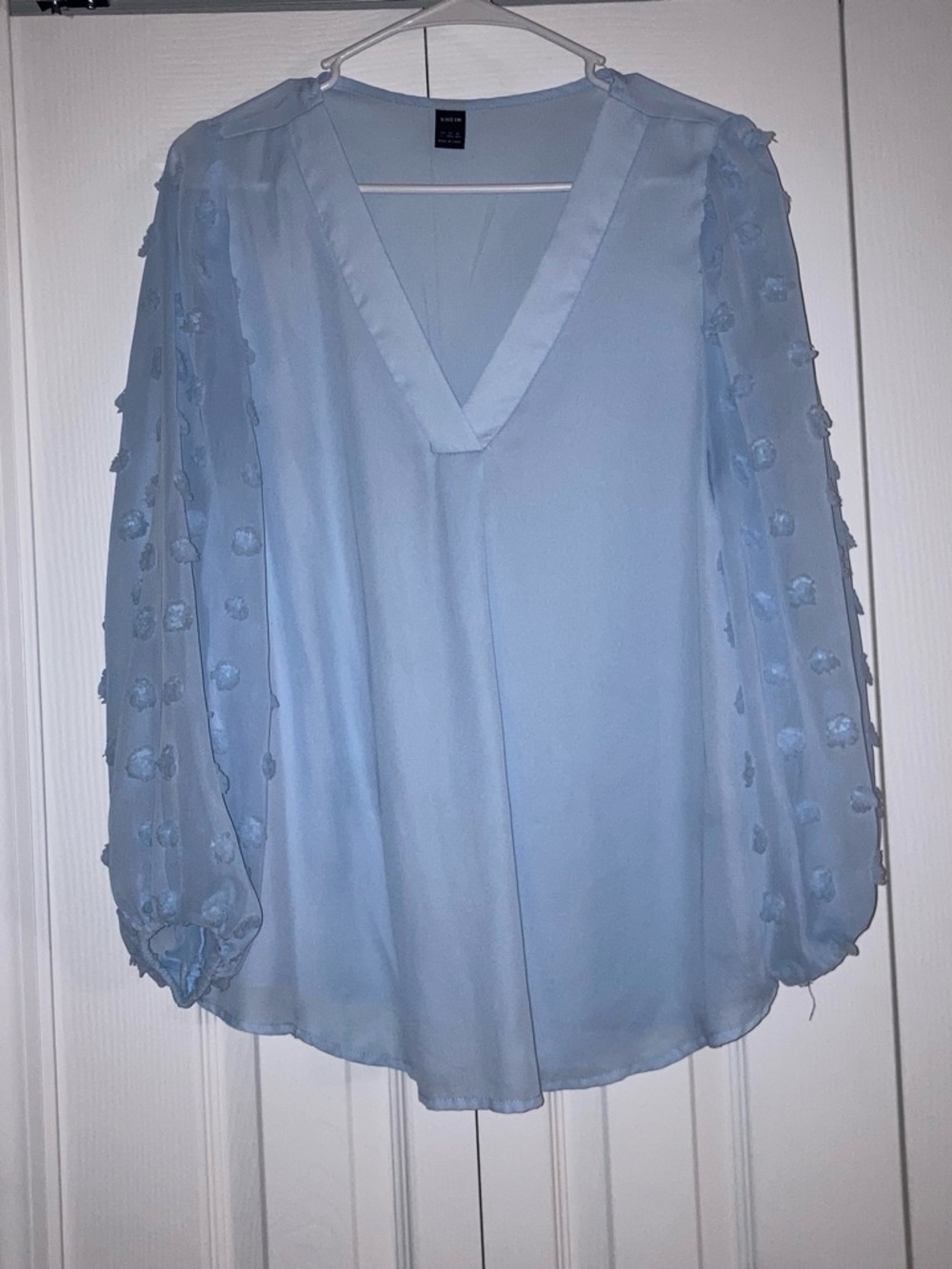 SHEIN Light Blue V-Neck Chiffon Blouse with Pom-Pom Sheer Sleeves